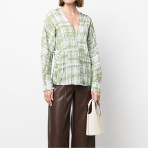 Vince Tie Dye 100% Silk Crinkle Long Sleeve Pistachio Green V-Neck Blouse Medium